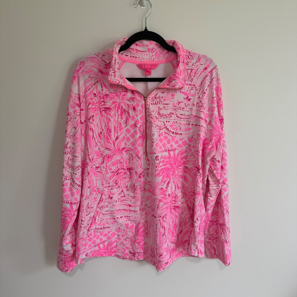 Lilly Pulitzer Finn Pink Palm Beach 1/2 Zip Pullover Sweatshirt XXL